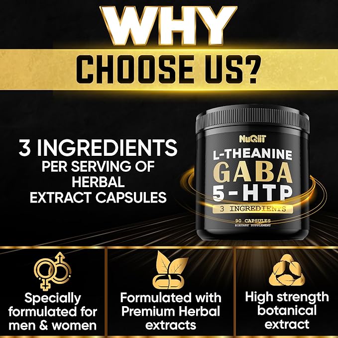 3in1 GABA Supplements 750mg L-Theanine 200mg & 5-HTP (5-hydroxytryptophan) - Equivalent to 1000mg - Support Brain Health, Concentration, Comfortable Mood - 90 Capsules