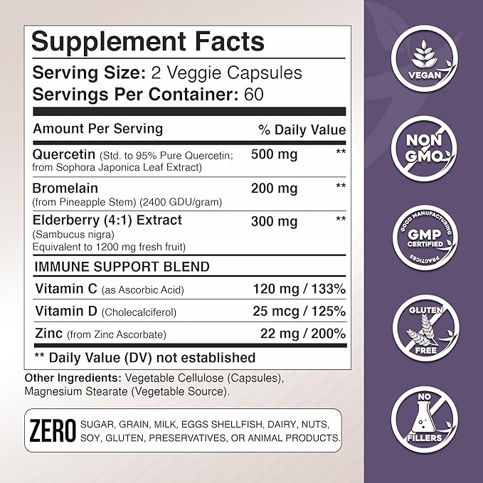 Gade Nutrition Quercetin with Bromelain & Elderberry | Quercetin with Vitamin C and Zinc | Zinc Quercetin 500mg with Vitamin D3 | Daily Immune Support Supplement - 2 Months Supply