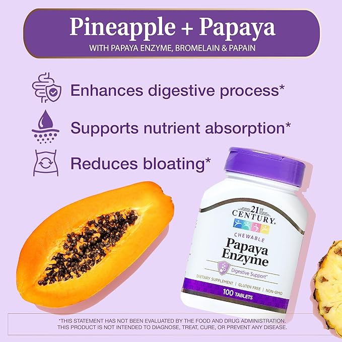 21st Century Papaya Enzyme Chewable (100 Count), Papaya & Pineapple Digestive Enzymes for Gut Health, Tropical Flavor, Non-GMO, Gluten-Free, No Added Salt, Yeast, Artificial Flavors
