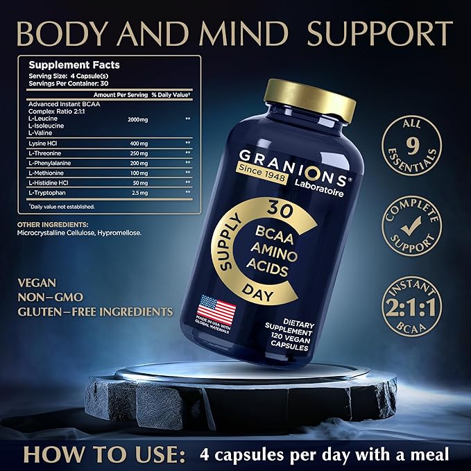 Essential Amino Acids Supplement for Men & Women - All 9 BCAAs EAA Supplements Formula - Leucine Amino Acid, Lysine, Tryptophan, Advanced Amino Energy & Muscle Recovery - 120 Vegan BCAA Capsules