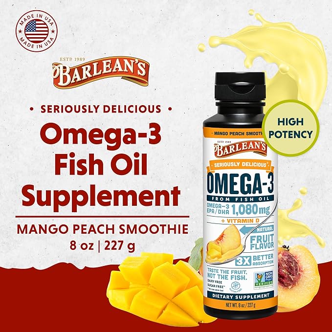 Barlean's Mango Peach Omega 3 Fish Oil Liquid Supplement with Vitamin D, 1080mg EPA & DHA Fatty Acid, Smoothie Flavored & Burpless for Brain, Joint, & Heart Health, 8 oz