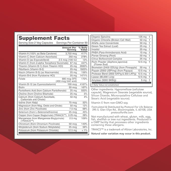 PROTOCOL FOR LIFE BALANCE Ortho Multi Greens - Multivitamin with Green Superfoods - with Vitamins C, B6, B12 & More - with Spirulina, Chlorella & Alfalfa - Iron Free - Non-GMO - 180 Veg Caps
