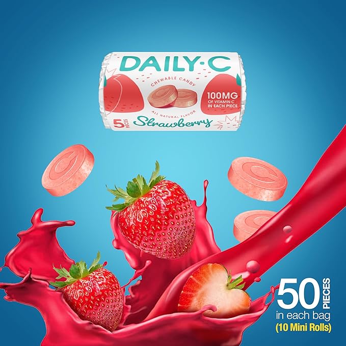 Chewable Vitamin C Strawberry Chewable Candy | 100MG of Vitamin C in Each Piece | Brought to You by Iconic Candy (Strawberry, 5.3oz Peg Bag)