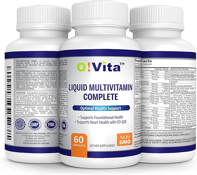 Liquid Multivitamin Complete, with a Full Spectrum of Vitamins and Minerals, Plus 42 Fruits and Vegetable Proprietary Blend, Easy Absorption (60 Vegan Liquid Filled Capsules)