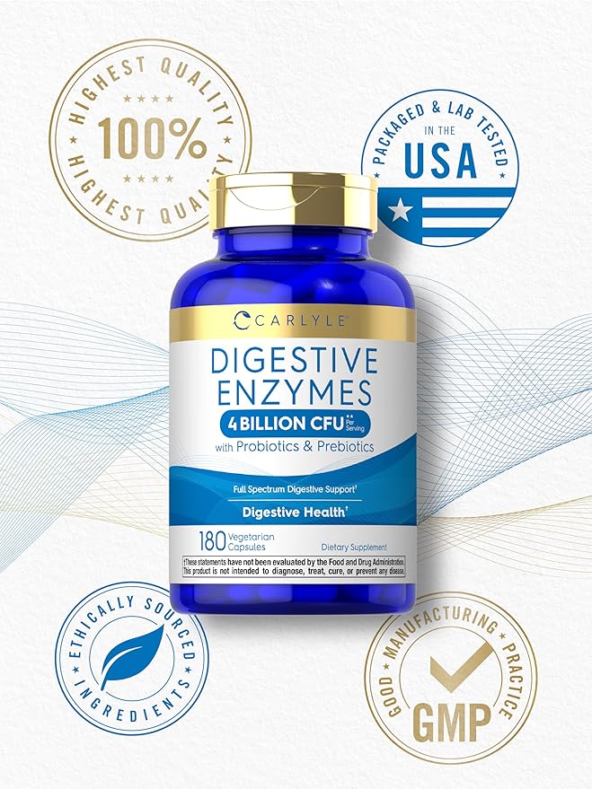 Carlyle Digestive Enzymes | with Probiotics & Prebiotics | 180 Capsules | Non-GMO and Gluten Free Supplement for Men & Women