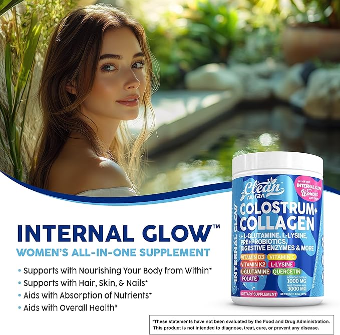 Bovine Colostrum+Collagen Peptides Powder| L-Glutamine L-Lysine Prebiotics Probiotics Digestive Enzymes Vitamin D K2 Vitamin C Quercetin & Folate|Gut Health Supplement Internal Glow By Clean Nutra (1)