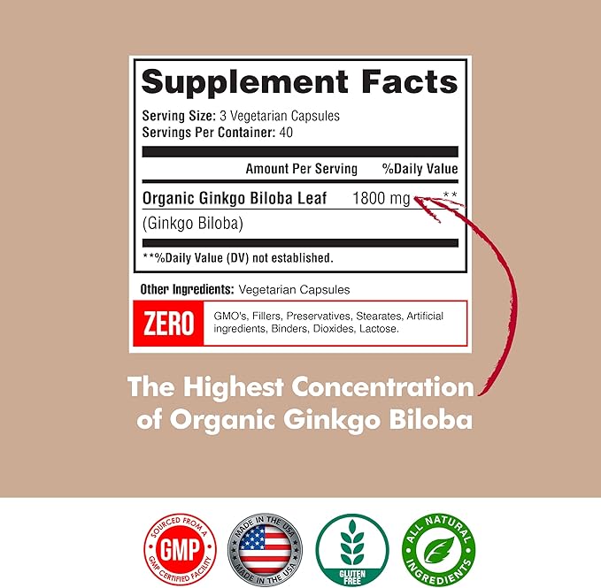 Ginkgo Biloba 1800mg, Ginkgo Biloba Organic, Memory & Brain Function Support, Improves Concentration and Cognitive Support, Clarity, 120 Veggie Caps, Non GMO, 120Caps