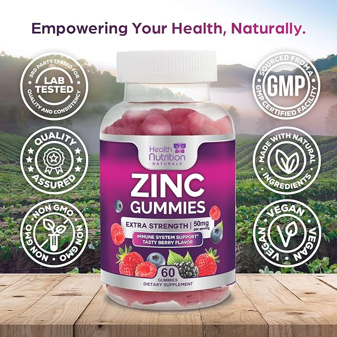 Zinc Gummy for Adults 50mg, Max Strength Bone, Skin Health & Immune Support Gummies, Vegan, Non-GMO & Gluten Free, Immune Health Support, Nature’s Antioxidant Chewable Zinc Vitamins - 60 Gummies