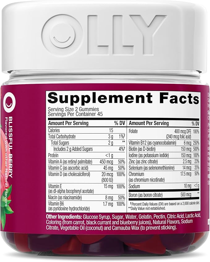 OLLY Women's Multivitamin Gummy, Vitamins A, D, C, E, Biotin, Folic Acid, Adult Chewable Vitamin, Berry Flavor, 45 Day Supply - 90 Count