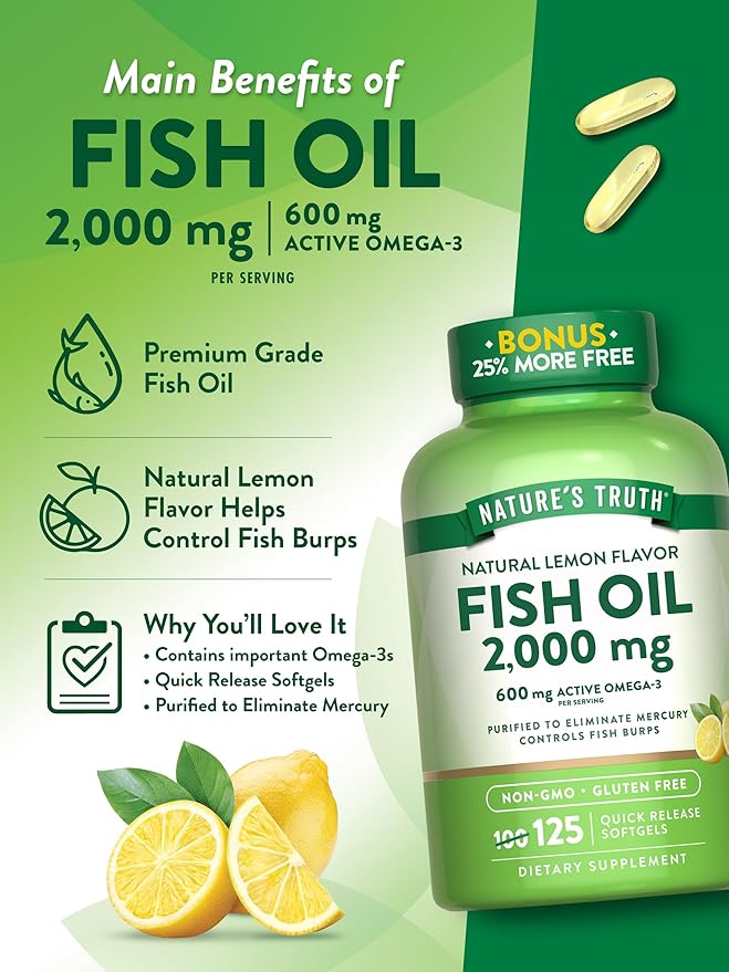Nature's Truth Omega 3 Fish Oil 2000 mg | 125 Liquid Softgels | Burpless, Lemon Flavor Pills | Non-GMO and Gluten Free Supplement