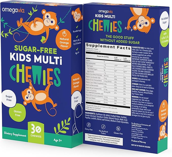 OmegaVia Sugar Free Kids Multivitamin Chewies - Daily Chewable Gummy Vitamins for Kids 3+, Vitamin A, C, D3, E, B6 & B12, Folate & More, Natural Orange Flavor, 30 Count