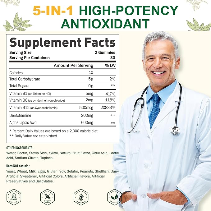 Alpha Lipoic Acid Gummies - Vegan, Sugar-Free,600 mg ALA Supplement - Pure ALA Alpha Lipoic Acid 600mg with Benfotiamine for Nerve Support, Antioxidant Support - 60 Counts