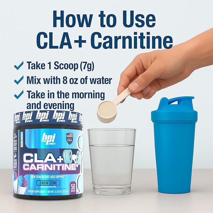 BPI Sports CLA + Carnitine – Conjugated Linoleic Acid – Performance, Lean Muscle – Caffeine Free – For Men & Women – Snow Cone – 50 servings – 12.34 oz.