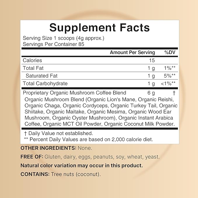 Organic Mushroom Coffee with MCT Oil, 12oz (85 Servings) | 10 in 1 Adaptogenic Mushrooms – Lions Mane, Shiitake, Reishi & More – Energy, Immune Booster & Brain Health Support – No Fillers