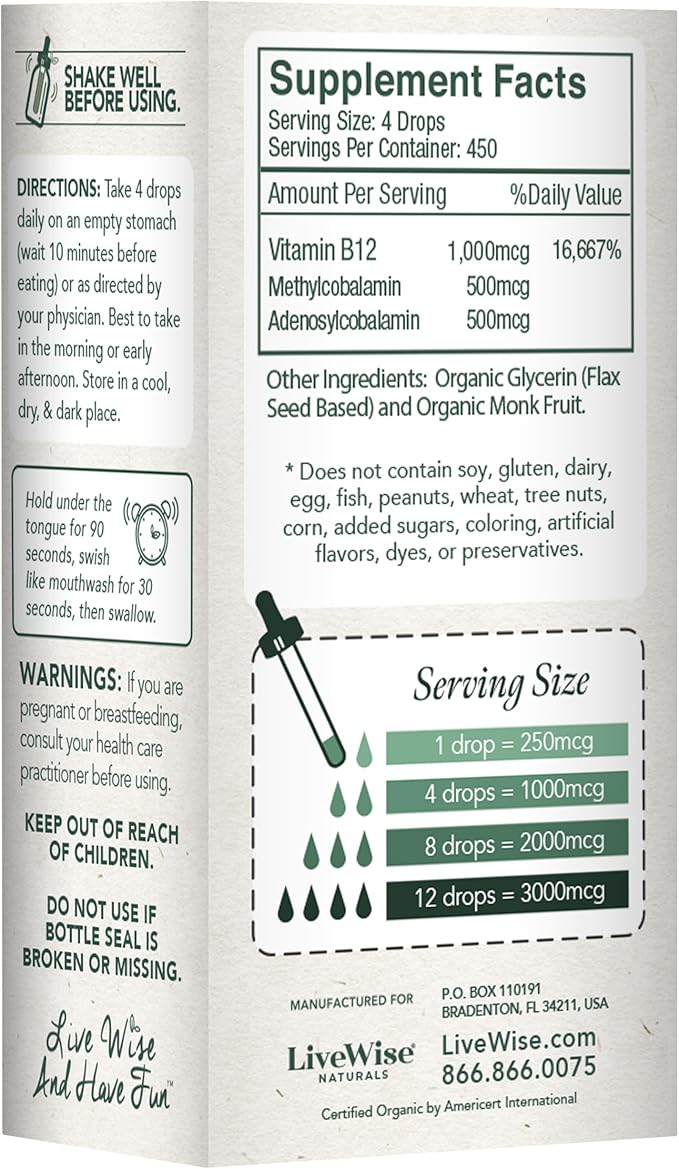 Liquid B12 Vitamin Sublingual – All-Natural Liquid Vitamin Vegan B12 Drops – Non-GMO Adenosylcobalamin Methylcobalamin B12 Supplement – Boost Your Immune System, Metabolism, Energy and Focus!