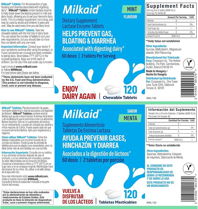 Milkaid Lactase Enzyme Chewable Tablets for Lactose Intolerance Relief | Prevents Gas, Bloating & Diarrhea | Fast Acting Dairy Digestive Supplement (120 Tablets, Mint)