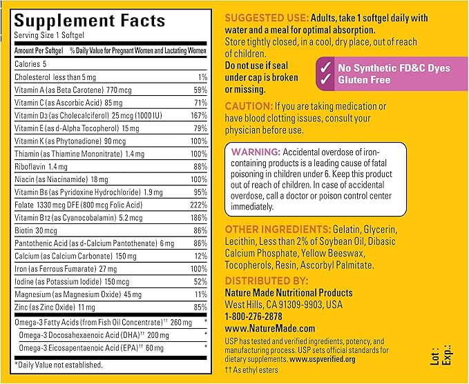 Nature Made Prenatal with Folic Acid + DHA, Prenatal Vitamin and Mineral Supplement for Daily Nutritional Support, 60 Softgels, 60 Day Supply