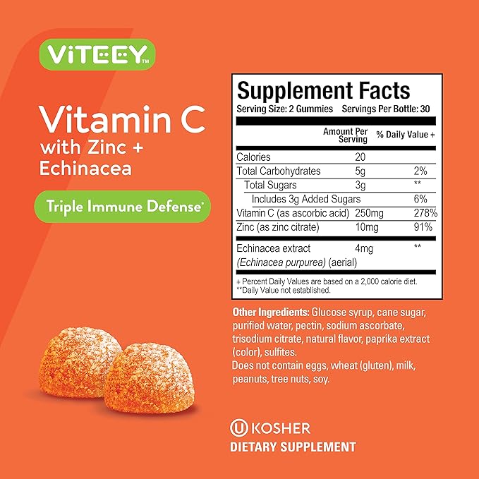 Vitamin C Gummies for Adults & Teens with Zinc & Echinacea - Immune Support Gummies - Vegan, Gelatin Free, Gluten Free, GMO Free - Tasty Vitamin C Chewable Orange Flavored Gummy