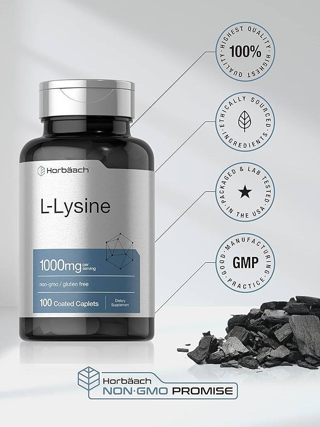 Horbäach L-Lysine 1000mg | 100 Coated Caplets | Free Form Dietary Supplement | Essential Amino Acid | Vegetarian, Non-GMO, and Gluten Free Formula