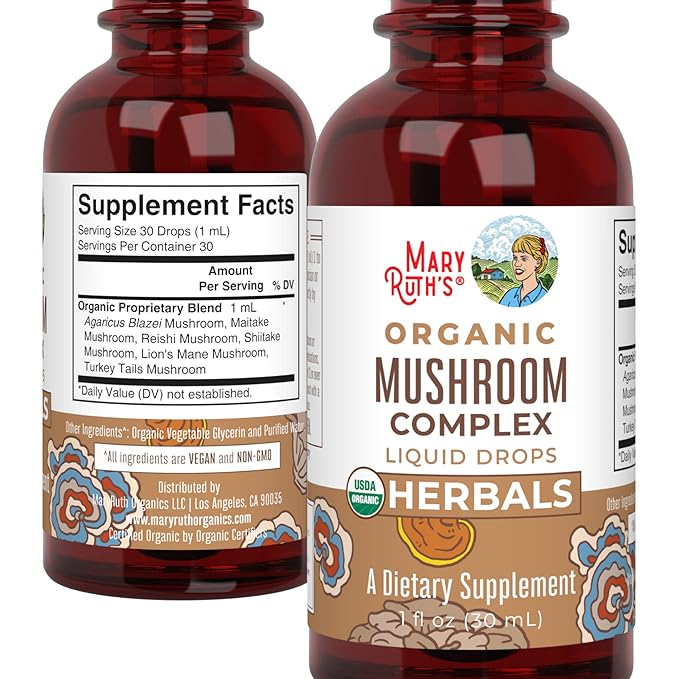 MaryRuth Organics USDA Mushroom Complex | Herbal Liquid Drops | Supplement | Lion's Mane | Reishi Mushroom | Shiitake Mushrooms | Non-GMO | Vegan | Alcohol Free Tincture | 30 Servings