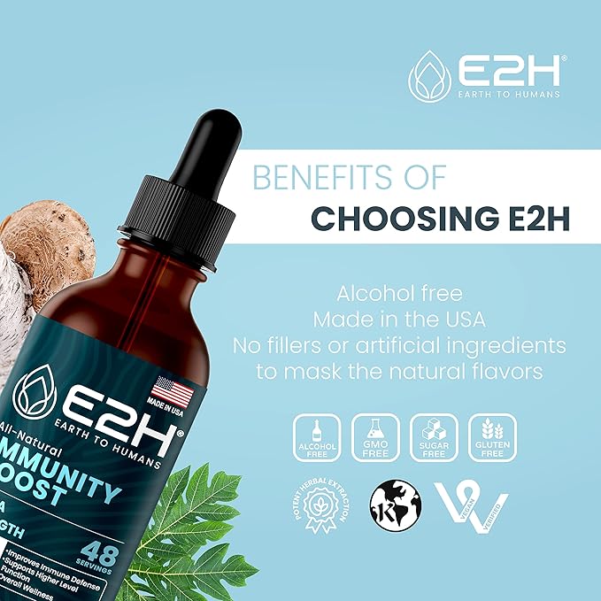 E2H Advanced Immune Defense Supplement - All-Natural Immune Booster - Immune Support Supplements Drops - Contains Holy Basil, Papaya Leaves and Red Banded Polypore - Non-GMO, Vegan (2 Bottles)