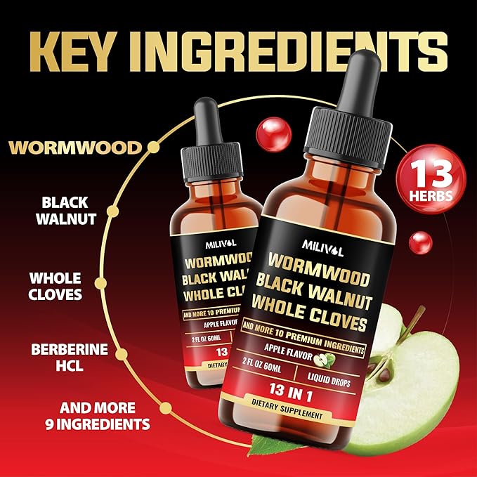 13in1 Wormwood Liquid Drops - 1900mg Black Walnut Wormwood Liquid Extract with Whole Cloves & More - 60 Day Supply - 2 Fl Oz