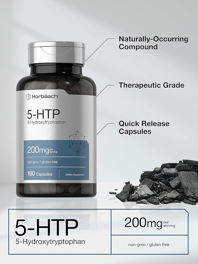 Horbäach 5HTP 200mg Supplement | 180 Capsules | 5 Hydroxytryptophan | Griffonia Simplicifolia | Extra Strength | Non-GMO, Gluten Free