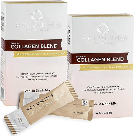 Relumins Marine Collagen Powder Drink Mix - Collagen Peptide with Glutathione, Green Tea, CoQ10, & Hyaluronic Acid Boosts Smooth Glowing Skin - 20 Powder Sachets x Vanilla Flavored + 2 Free Sachets
