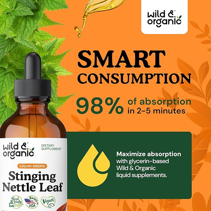 Wild & Organic Stinging Nettle Leaf Tincture - Urinary Tract Support - Stinging Nettle Extract Liquid Drops - Urtica Dioica Supplement - 5-Month Supply - Vegan, Sugar & Alcohol-Free - 4 fl oz