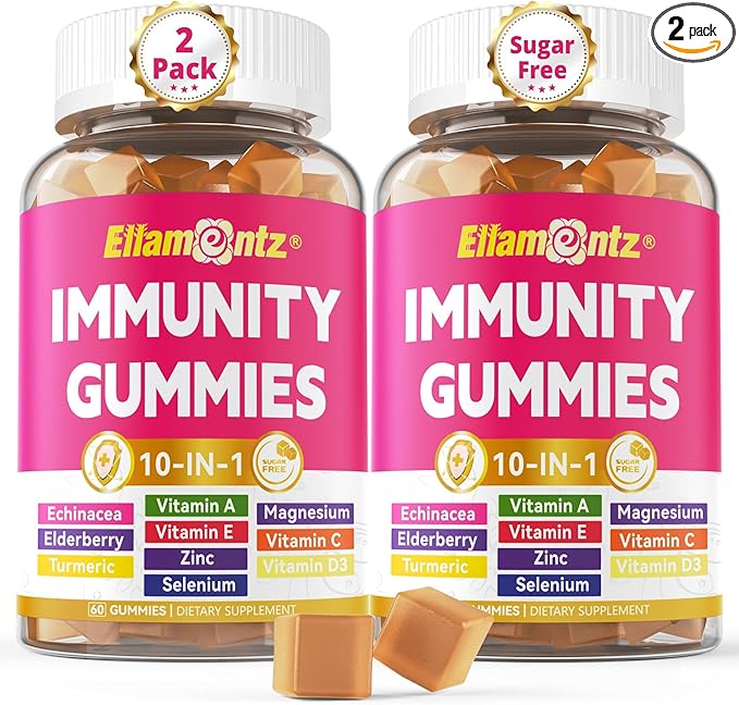 10-In-1 Immune Gummies with Multivitamins, 100% Daily Zinc, Vitamin C & D3 Immunity Supplement + Echinacea, Sambucus Elderberry, Turmeric, Magnesium, Immune Support, Overall Health, Sugar Free, 2 Pack