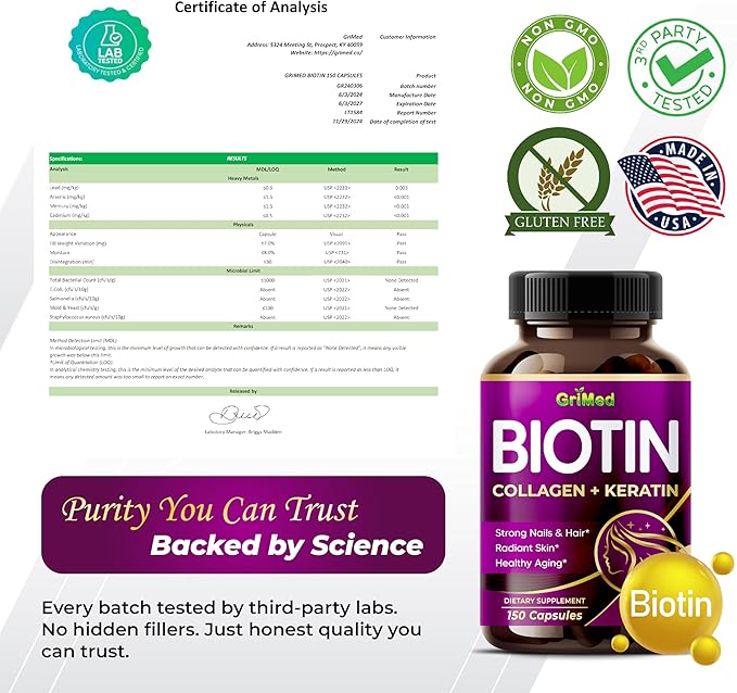 GriMed BIOTIN with Collagen + Keratin 7,275mg Strong Nails & Hair, Radiant Skin, Healthy Aging- USA Made & Tested (150 Count (Pack of 1))