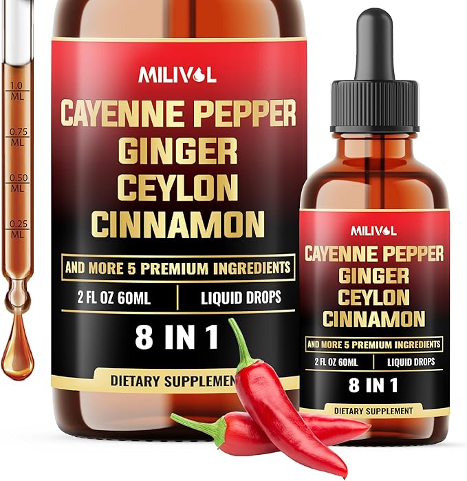 8in1 Cayenne Pepper Liquid Drops with Ginger, Ceylon Cinnamon and 5 More Herbals - Digestion, Circulatory Heath Support - 2 Fl Oz for 2 Months