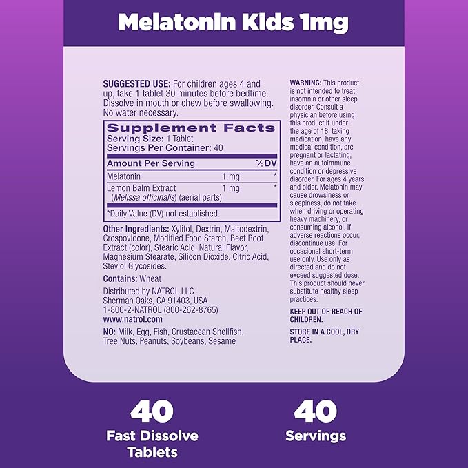 Natrol Kids Fast Dissolve Melatonin 1 mg, Dietary Supplement for Restful Sleep, Sleep Tablets for Kids, 40 Strawberry-Flavored Melatonin Tablets, 40 Day Supply