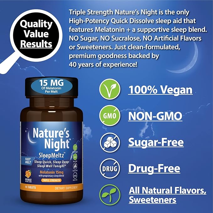 Nature's Night Triple Strength Quick Dissolve Melatonin 15mg with Supportive Blend | Natural Orange Flavor | 90 Count | Sugar Free, Vegan, Non-GMO, Drug Free