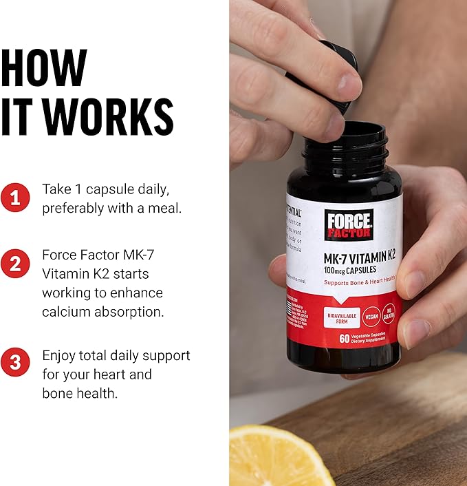 FORCE FACTOR MK-7 Vitamin K2 100mcg, Bone Support Supplements for Women and Men, Support Heart Health, Bone Density, and More, BIoavailable Form, Vegan, Non-GMO, 60 Vegetable Capsules