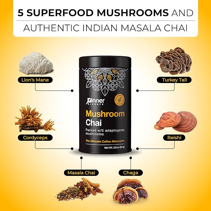 Inner Elevate Mushroom Chai - Ultimate Coffee Alternative - Adaptogenic Mushroom Tea Drink with Lion's Mane, Cordyceps, Chaga, Reishi, Turkey Tail (35 Servings)
