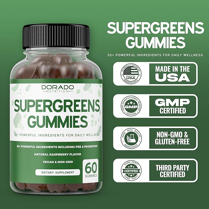Supergreens Gummies (60 Count) Daily Greens Gummies - Greens Supplements with 8 Ingredient Power Blend - Superfood for Immunity Support for Adults - Third Party Tested, Vegan & USA Made