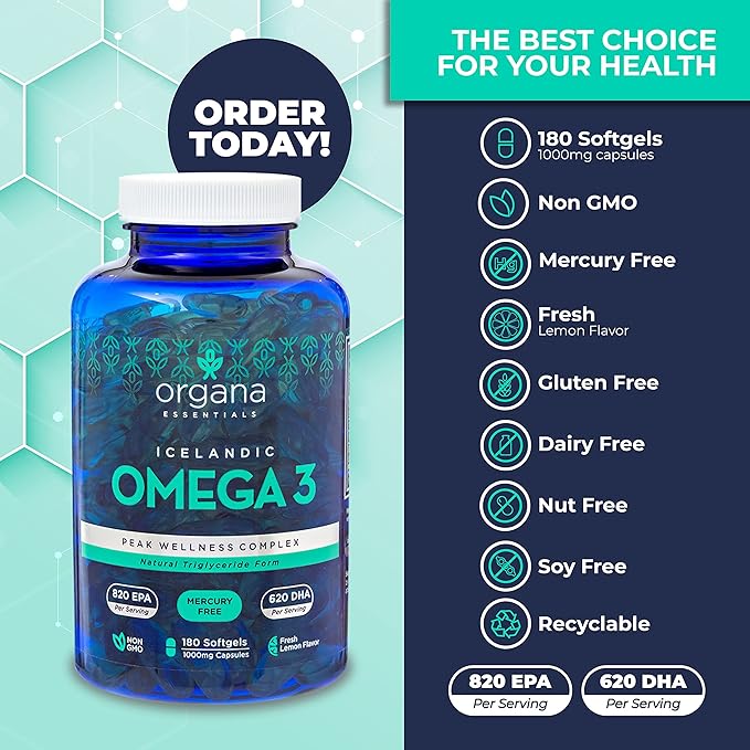 Omega 3 Fish Oil 2,000 mg - High EPA 820 mg + DHA 620 mg - 180 Triple Strength Burpless Lemon Flavored Softgels
