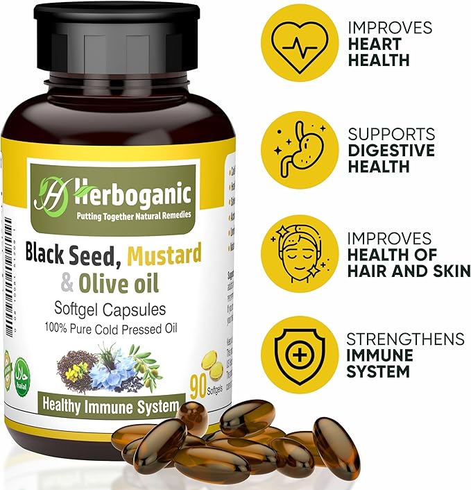 Black Seed, Mustard and Olive Softgels Capsules - 90 - Count - Blended with Other Herbal Products-Supports Overall Health welness and Immunity.