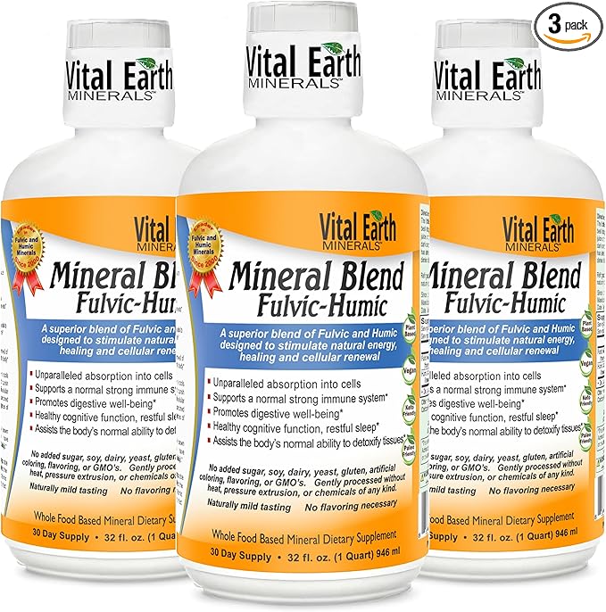Vital Earth Minerals Fulvic Humic Mineral Blend Liquid 3-Pack – Fulvic Acid Supplement with 70+ Trace Minerals, Electrolytes for Recovery, Balance & Energy, 32 Oz Ea + 1 Oz Cup Ea