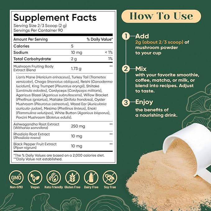 Venture Pal Mushroom Powder – 16 Mushroom Blend with Adaptogens for Coffee & Tea | Ashwagandha, Lion’s Mane, Rhodiola | 10:1 Extract from 100% Fruiting Bodies | 90 Servings