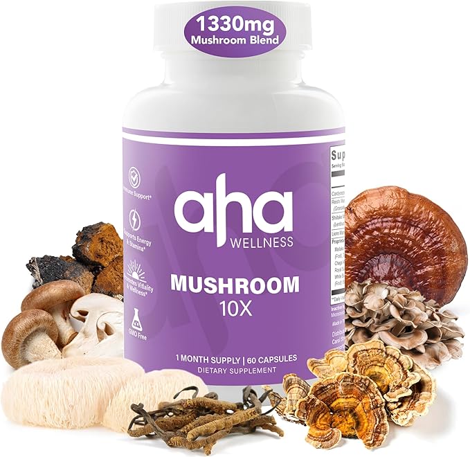 10X Mushroom Supplement, 10 Mushroom Blends Formula, Lions Mane, Turkey Tail, Cordyceps, Reishi, Chaga & More, Immune & Energy Support, 30 Servings, GMO Free