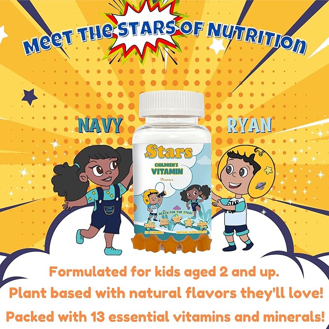 Stars Kids Multivitamin Gummies with Omega 3, Vitamins for Kids with A, B, C, D, Plant Based Multi Vitamins for Children, Manganese, 60 Star-Shaped Multivitamin for Kids, Gluten-Free Gummy Vitamins