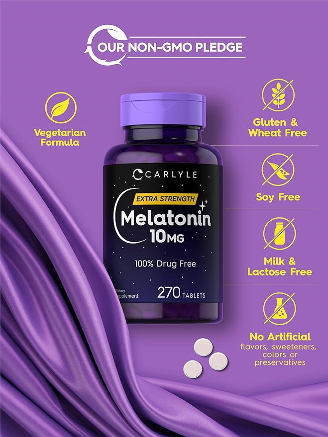 Carlyle Melatonin 10mg | 270 Tablets | with L-Theanine | Vegetarian, Non-GMO, Gluten Free Supplement
