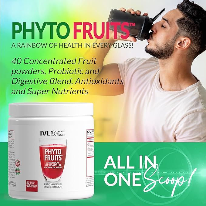 IVL - Phyto Fruits Superfood Powder - Support Energy - Digestive & Probiotic - Antioxidant - Vegan - 40 Fruits and Nutrients Plus 6 Probiotic Strains (30 Servings, 8.88 oz)