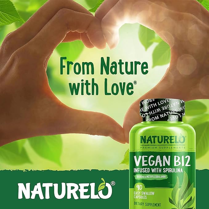 NATURELO Vegan B12 - Methyl B12 with Organic Spirulina - High Potency Vitamin B12 1000 mcg Methylcobalamin - Supports Healthy Mood, Energy, Heart & Eye Health - 90 Capsules (Pack of 2)