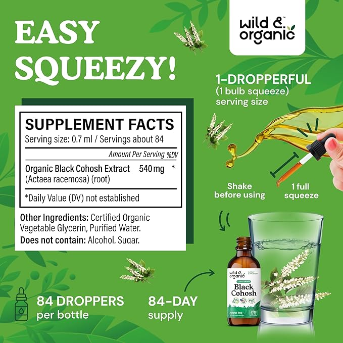 Wild & Organic Black Cohosh Liquid Drops 540 mg - Herbal Supplements for Women - Liquid Black Cohosh Extract Tincture - 2-Month Supply - Vegan, Sugar & Alcohol-Free - 2 fl oz