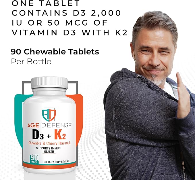 Vitamin D3 2000 IU with K2-90 Chewable Tablets with Cherry Flavoring-Natural Energy Booster-Supports Vitality, Immune Health, & Overall Wellness-Vitamin D3 with Vitamin K2 for Men & Women