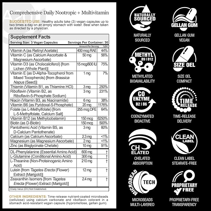 HCF A20 Microbead Brain Health Supplements for Adults for Memory, Focus, Calm, Mood, Alertness, Attention, Vision, Sleep, Immune System, 20 Premium Nootropic Nutrients Multivitamin & 7 Advances® Tech