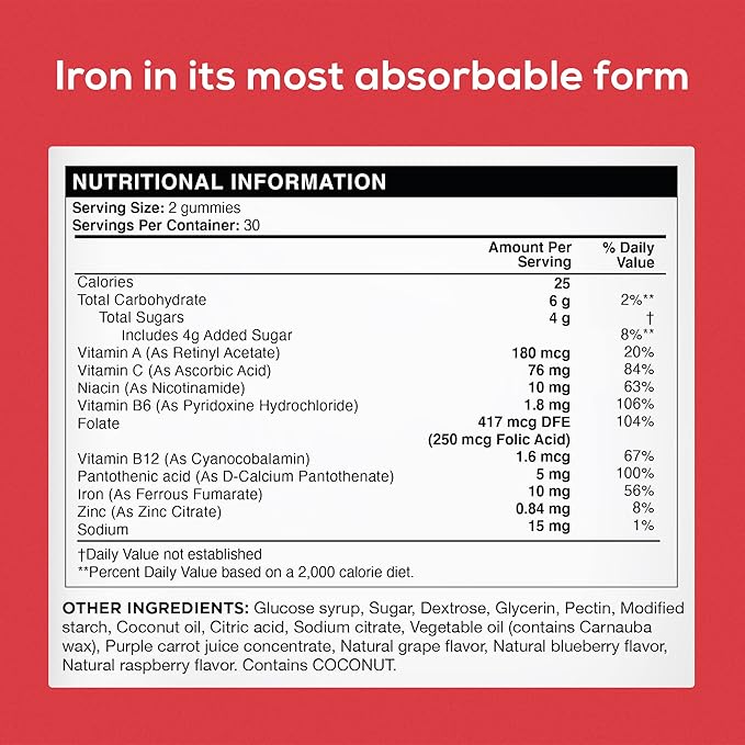 Natural Iron Supplement for Women and Men with a Delicious Mixed Berry Flavor - Chewable Vegan Iron Supplements w/Vitamin C, Zinc, Folic Acid & B Vitamins - 60 Iron Gummies for Anemia